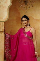 Magenta One-Shoulder Embroidered Kurta Set