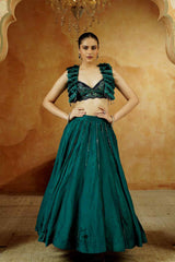 Emerald Green Ruffle Blouse with jacket Lehenga Set