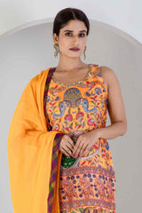 Yellow Digital print suit with Lycra pant and Dupatta