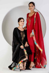 Red Kurta Set With Hand Embroidered