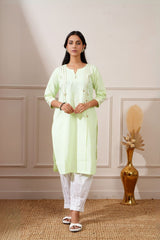 Bright Lime Green Cotton Straight Kurta & Afghani Pant