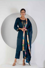 Turquoise Kurta Set With Hand Embroidered