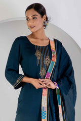 Turquoise Kurta Set With Hand Embroidered