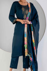 Turquoise Kurta Set With Hand Embroidered