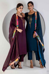 Turquoise Kurta Set With Hand Embroidered