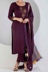 Wine Kurta Set With Hand Embroidered