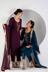 Wine Kurta Set With Hand Embroidered