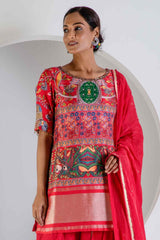 Red Kurta Set With Tulip Pant and Dupatta