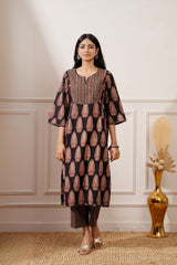Black Bagru Print Cotton Straight Kurta & Pant
