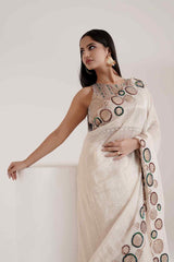 Aaila - Ivory Saree With Hand Embriodered Circular Detailing - Ritivesh By Ritika Aggarwal