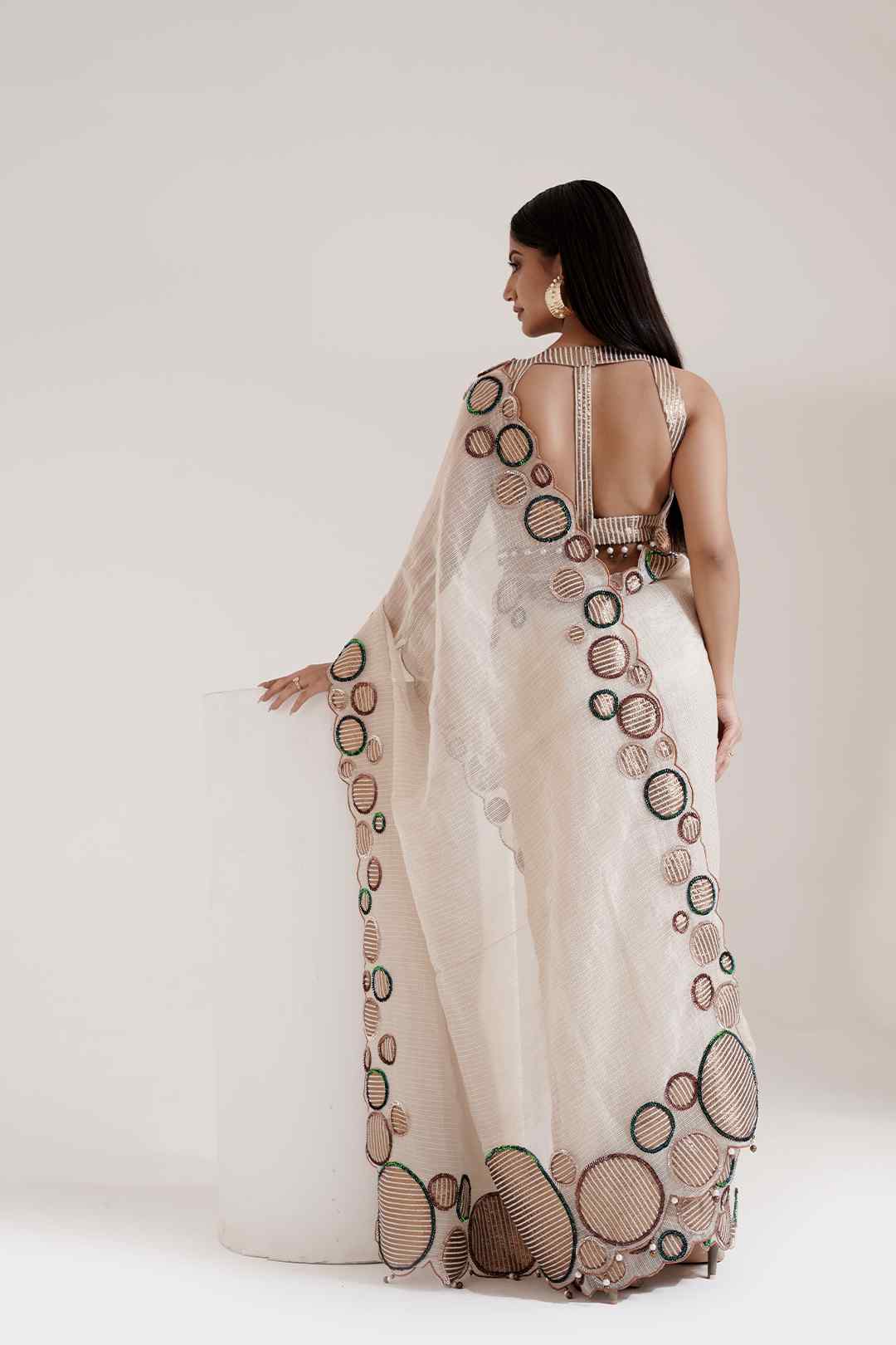 Aaila - Ivory Saree With Hand Embriodered Circular Detailing - Ritivesh By Ritika Aggarwal
