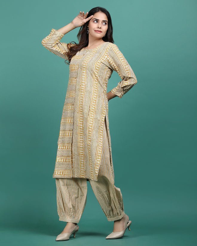 AANGAN | Mustard Bagru Print Kurti - Ritivesh By Ritika Aggarwal
