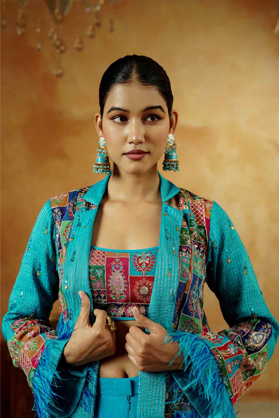 Aqua Blue Fusion Jacket Co - Ord Set - Ritivesh By Ritika Aggarwal