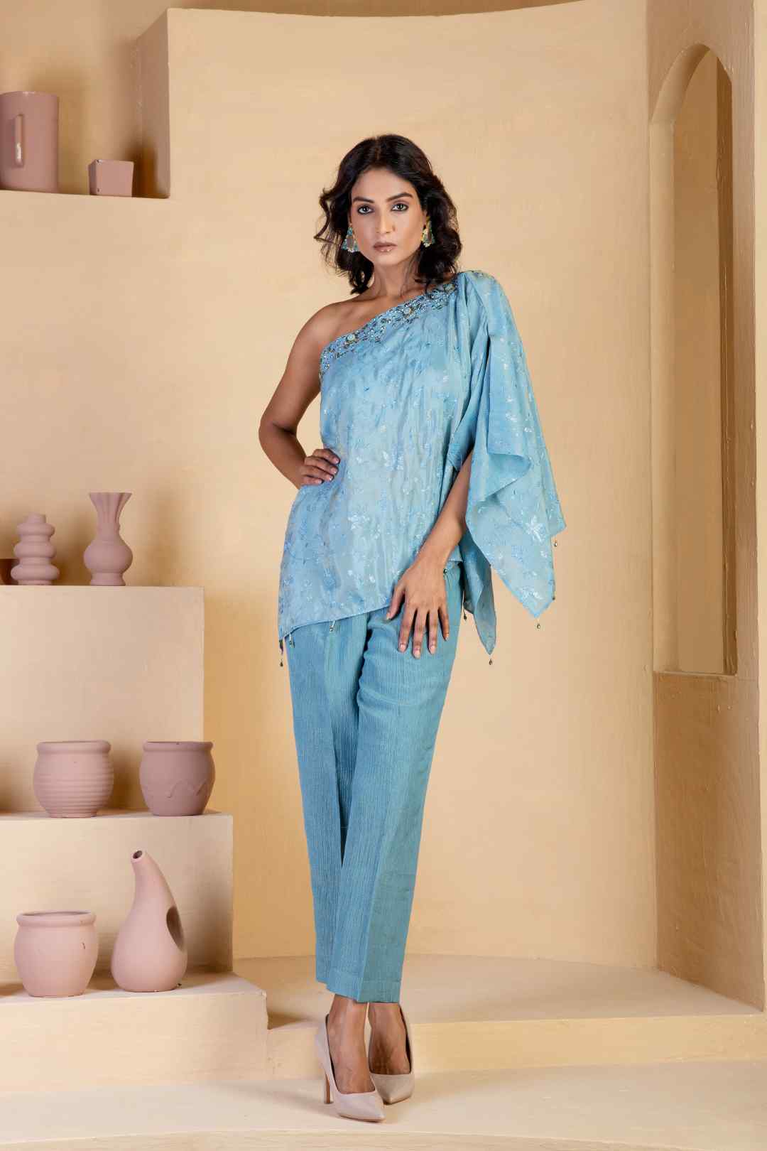 Asymmetrical Steal Blue coord set - Ritivesh By Ritika Aggarwal