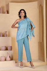 Asymmetrical Steal Blue coord set - Ritivesh By Ritika Aggarwal
