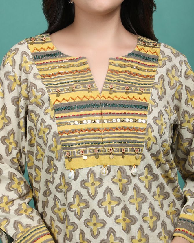 BAITHAK | Mustard Hand Emb Kurti - Ritivesh By Ritika Aggarwal