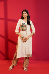 Beige Handloom Cotton Hand - Embroidered Straight Kurta and Pant - Ritivesh By Ritika Aggarwal