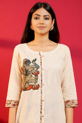 Beige Handloom Cotton Hand - Embroidered Straight Kurta and Pant - Ritivesh By Ritika Aggarwal