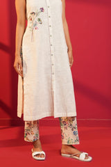 Beige Handloom Cotton Hand - Embroidered Straight Kurta & Pant - Ritivesh By Ritika Aggarwal