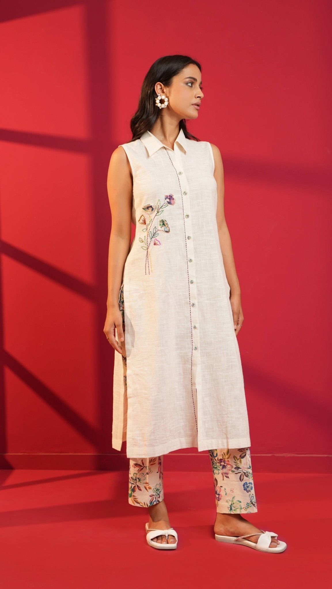Beige Handloom Cotton Hand - Embroidered Straight Kurta & Pant - Ritivesh By Ritika Aggarwal