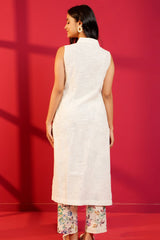 Beige Handloom Cotton Hand - Embroidered Straight Kurta & Pant - Ritivesh By Ritika Aggarwal