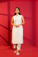 Beige Handloom Cotton Hand - Embroidered Straight Kurta & Pant - Ritivesh By Ritika Aggarwal