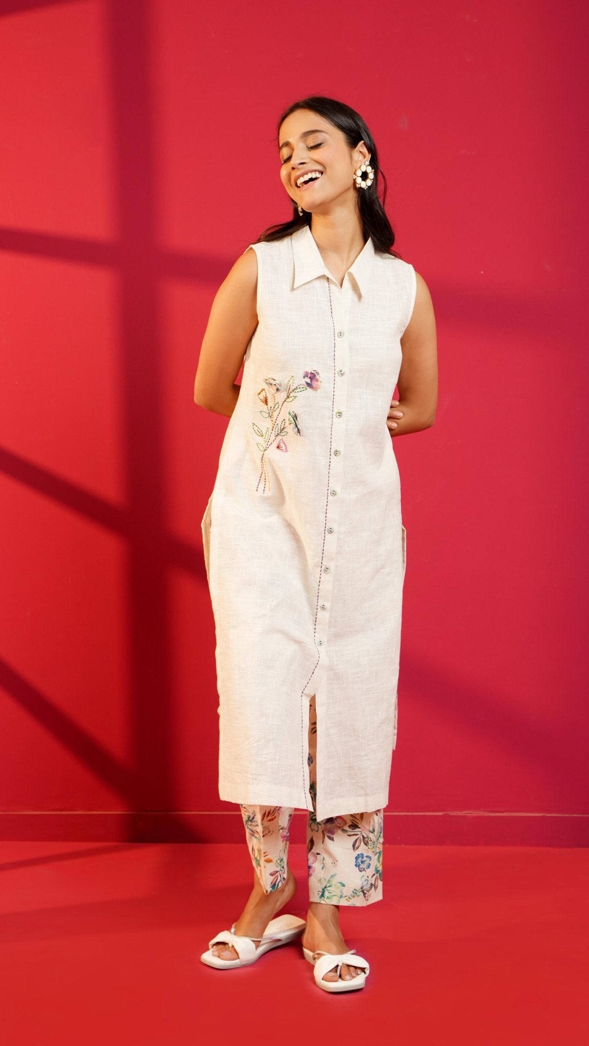 Beige Handloom Cotton Hand - Embroidered Straight Kurta & Pant - Ritivesh By Ritika Aggarwal