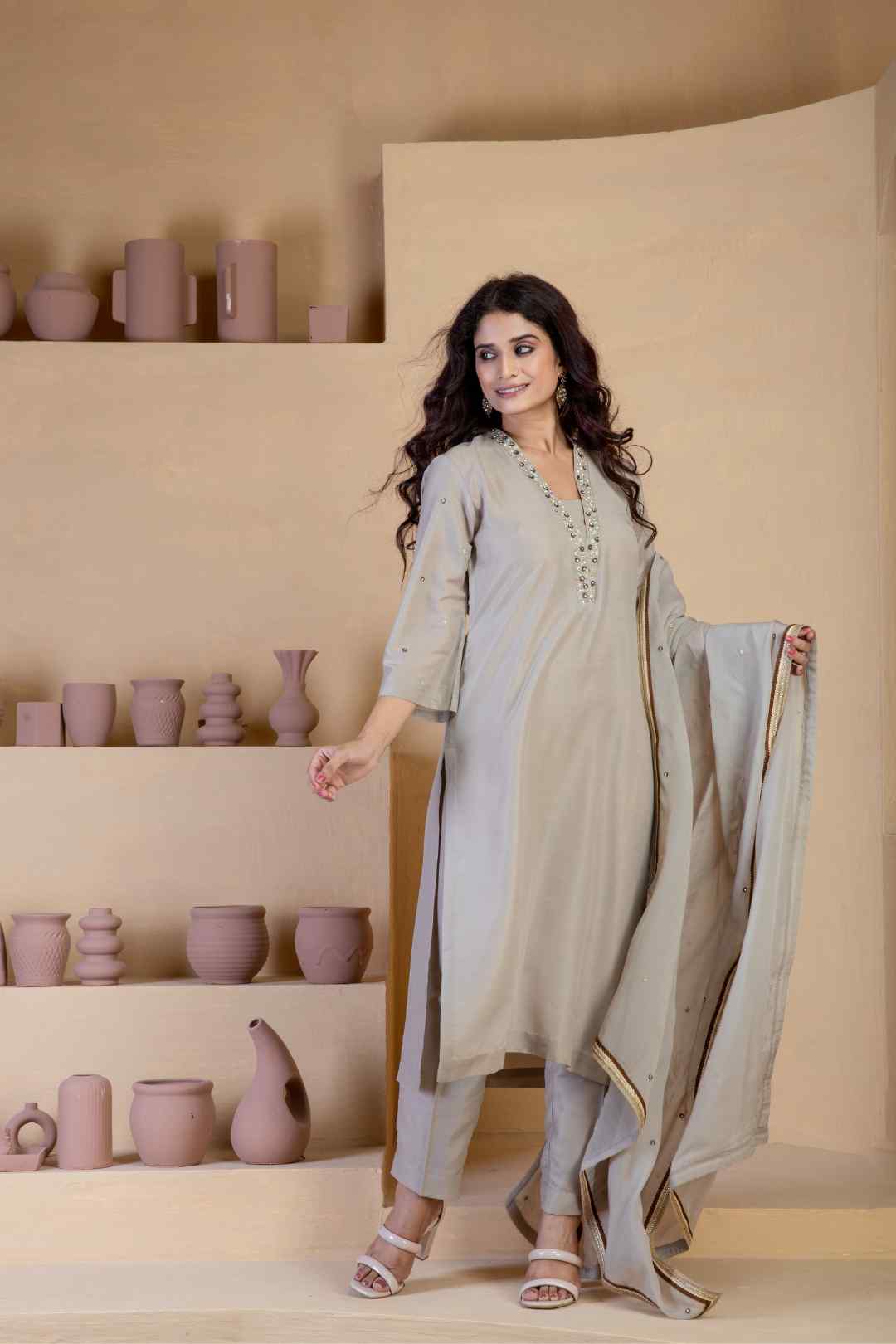 Beige Kurta Set with delicate hand embroidered neckline and matching Bordered organza dupatta - Ritivesh By Ritika Aggarwal