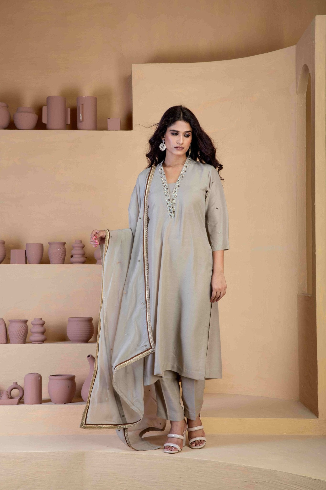 Beige Kurta Set with delicate hand embroidered neckline and matching Bordered organza dupatta - Ritivesh By Ritika Aggarwal