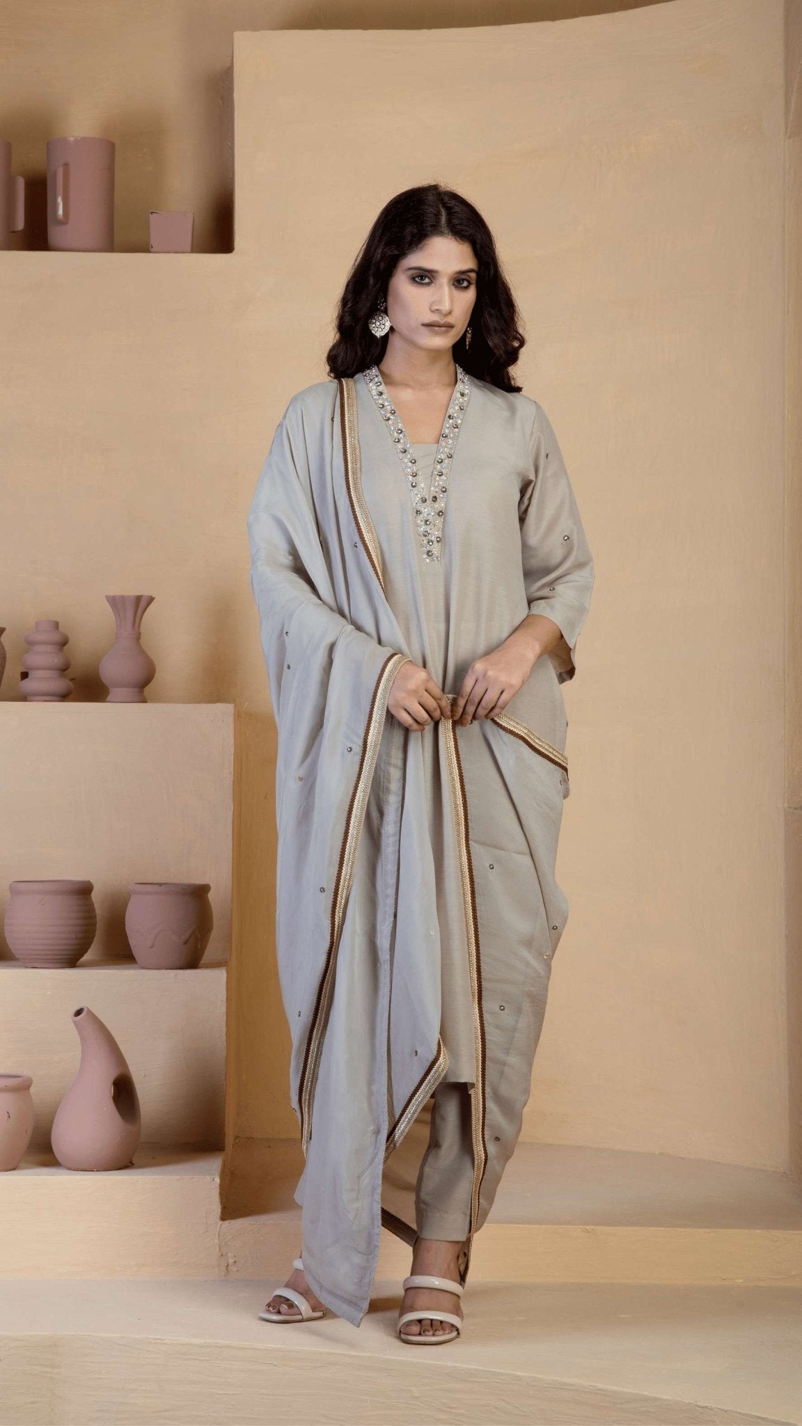 Beige Kurta Set with delicate hand embroidered neckline and matching Bordered organza dupatta - Ritivesh By Ritika Aggarwal