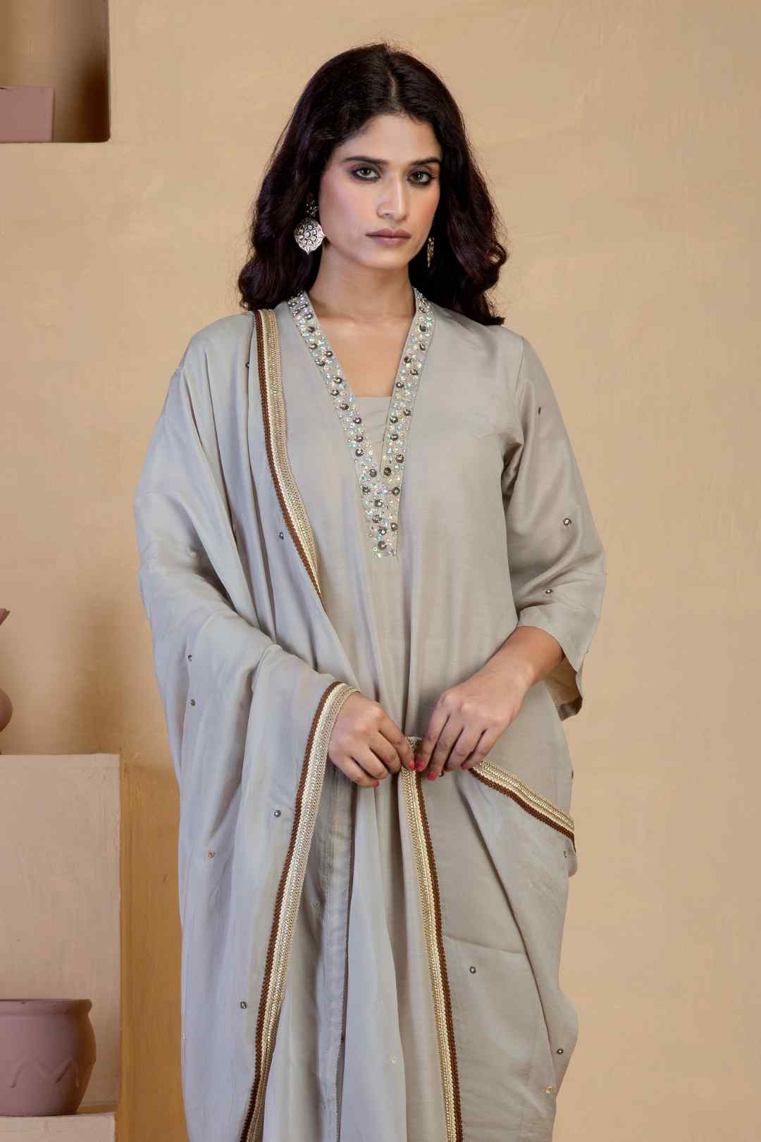 Beige Kurta Set with delicate hand embroidered neckline and matching Bordered organza dupatta - Ritivesh By Ritika Aggarwal