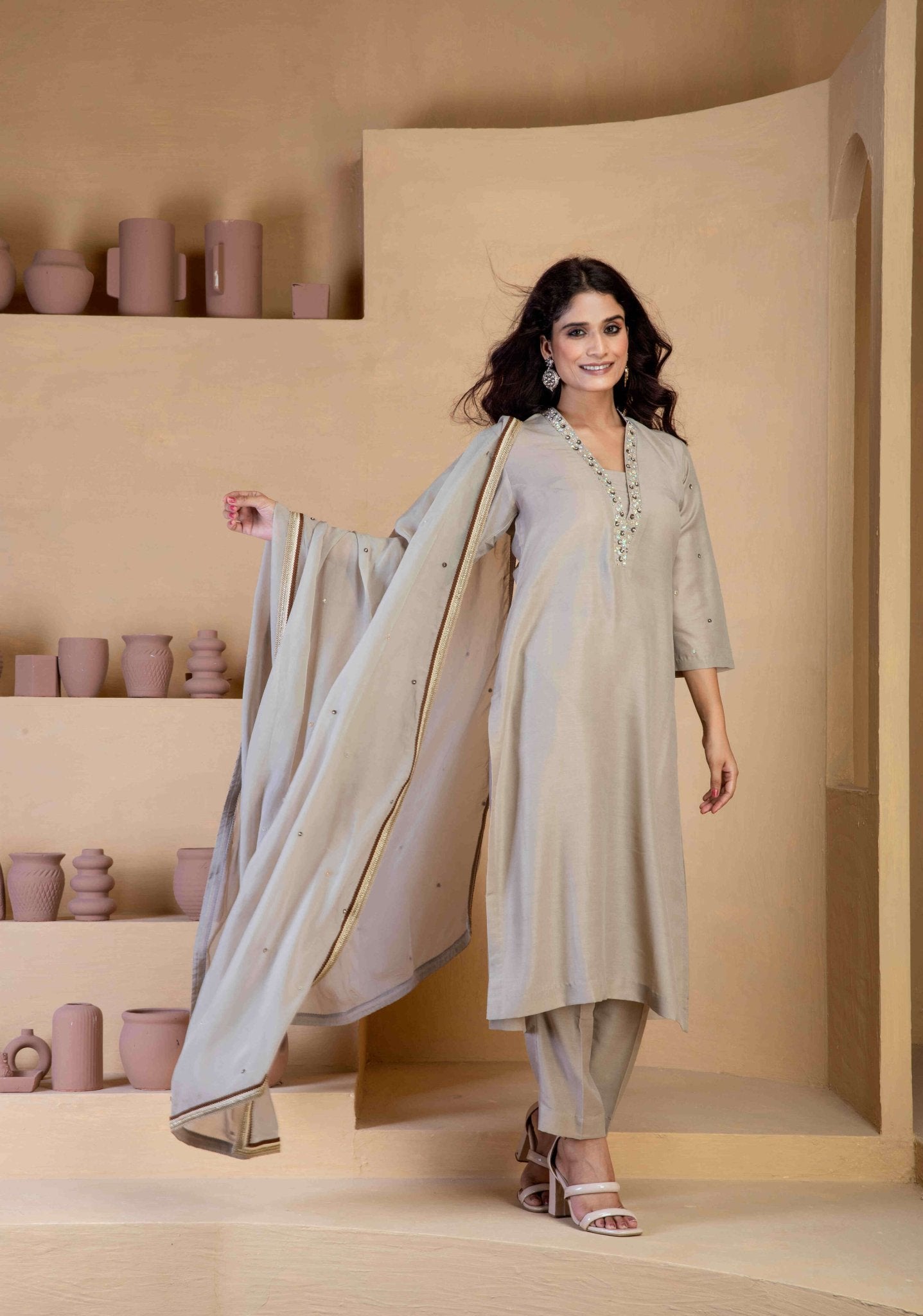 Beige Kurta Set with delicate hand embroidered neckline and matching Bordered organza dupatta - Ritivesh By Ritika Aggarwal
