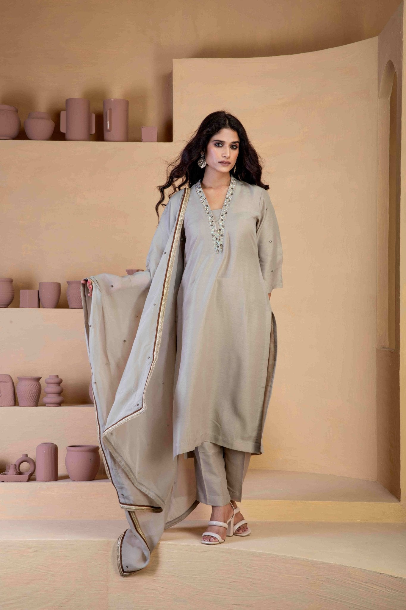 Beige Kurta Set with delicate hand embroidered neckline and matching Bordered organza dupatta - Ritivesh By Ritika Aggarwal