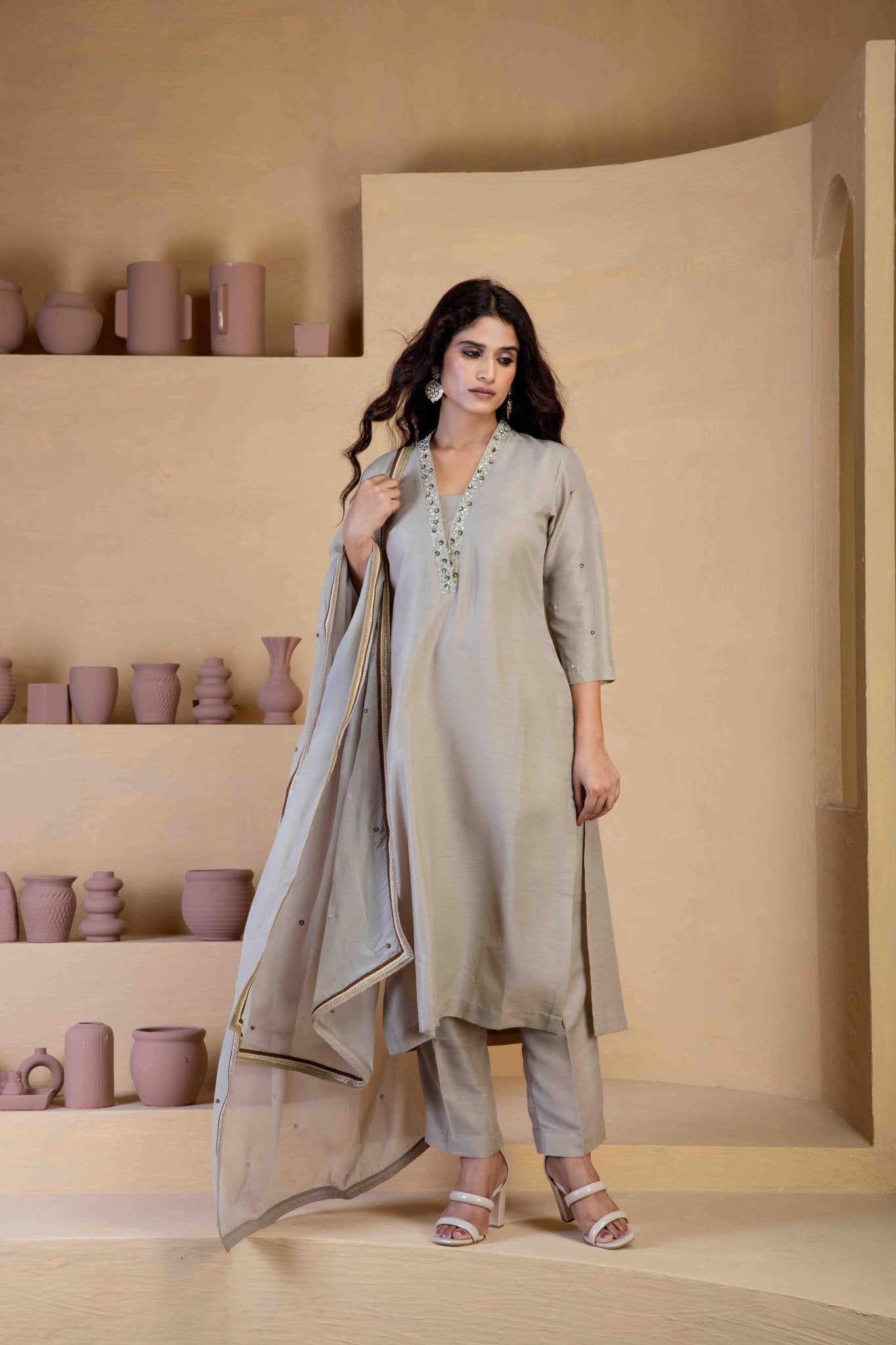 Beige Kurta Set with delicate hand embroidered neckline and matching Bordered organza dupatta - Ritivesh By Ritika Aggarwal