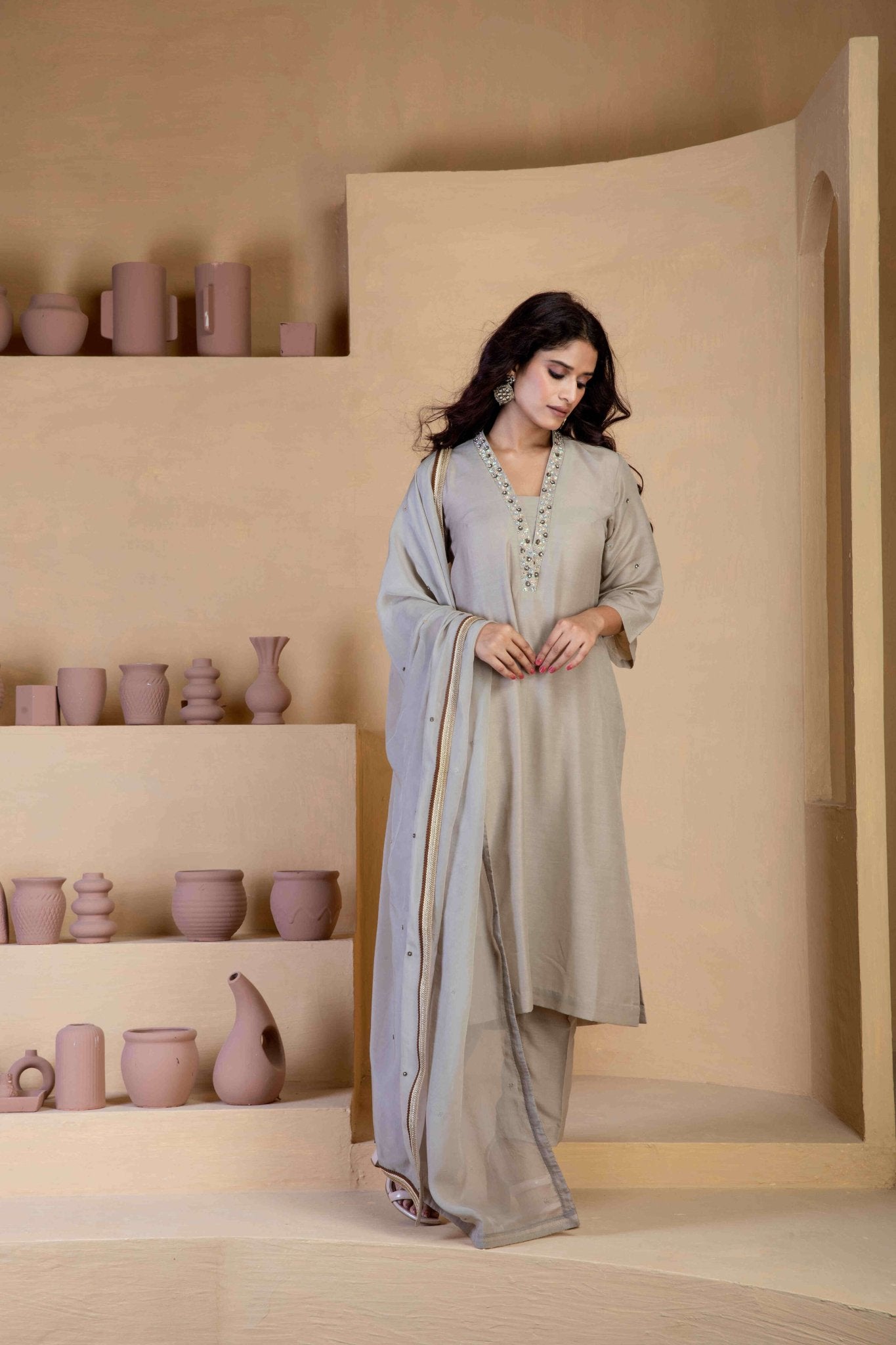 Beige Kurta Set with delicate hand embroidered neckline and matching Bordered organza dupatta - Ritivesh By Ritika Aggarwal