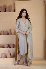 Beige Kurta Set with delicate hand embroidered neckline and matching Bordered organza dupatta - Ritivesh By Ritika Aggarwal