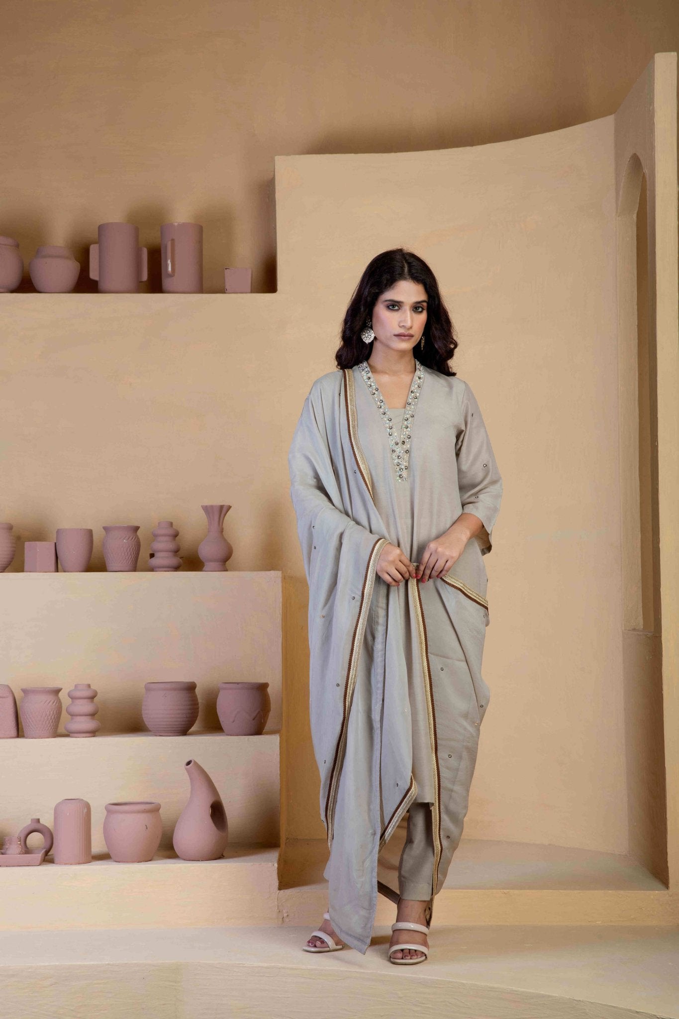 Beige Kurta Set with delicate hand embroidered neckline and matching Bordered organza dupatta - Ritivesh By Ritika Aggarwal