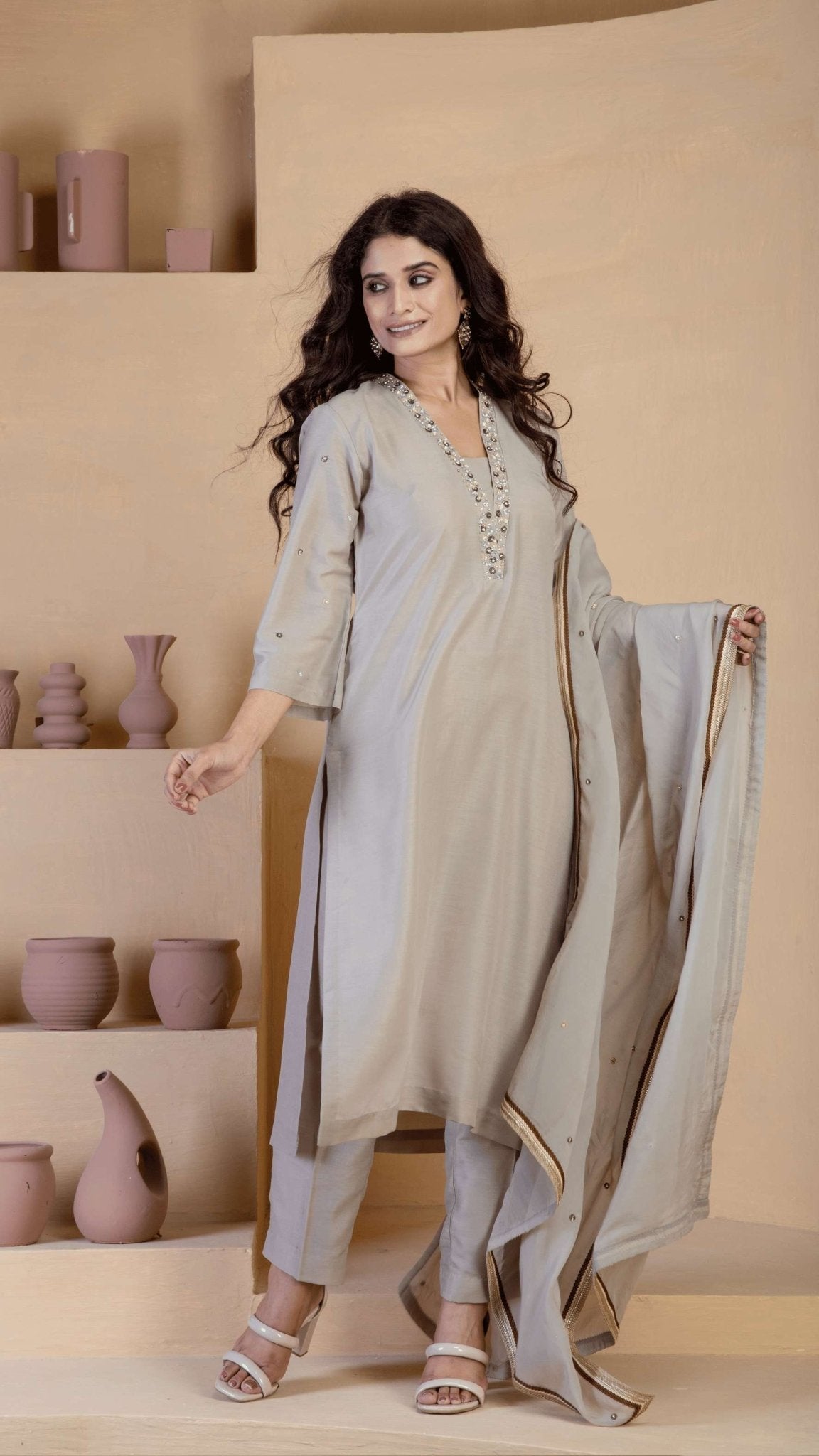 Beige Kurta Set with delicate hand embroidered neckline and matching Bordered organza dupatta - Ritivesh By Ritika Aggarwal