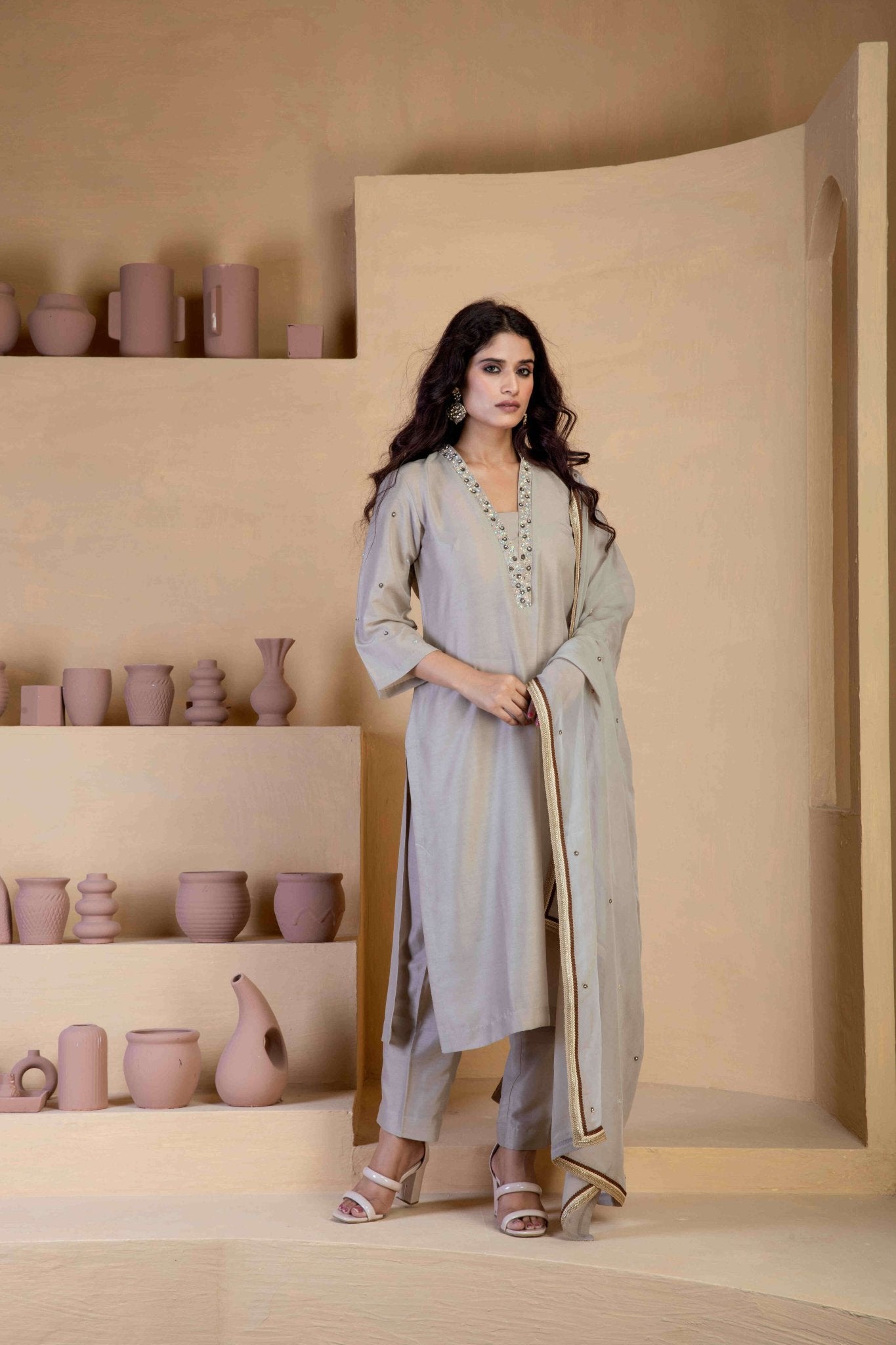 Beige Kurta Set with delicate hand embroidered neckline and matching Bordered organza dupatta - Ritivesh By Ritika Aggarwal