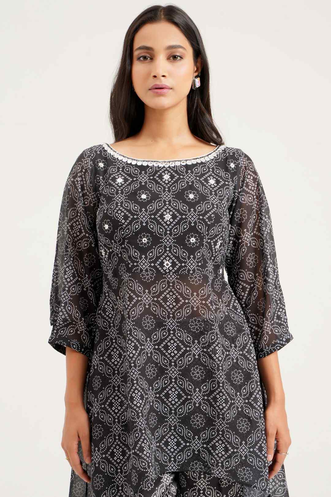 Black Bandhej Georgette Asymmetrical Co - ord Set - Ritivesh By Ritika Aggarwal