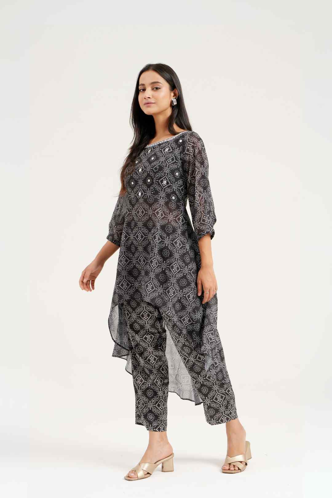 Black Bandhej Georgette Asymmetrical Co - ord Set - Ritivesh By Ritika Aggarwal