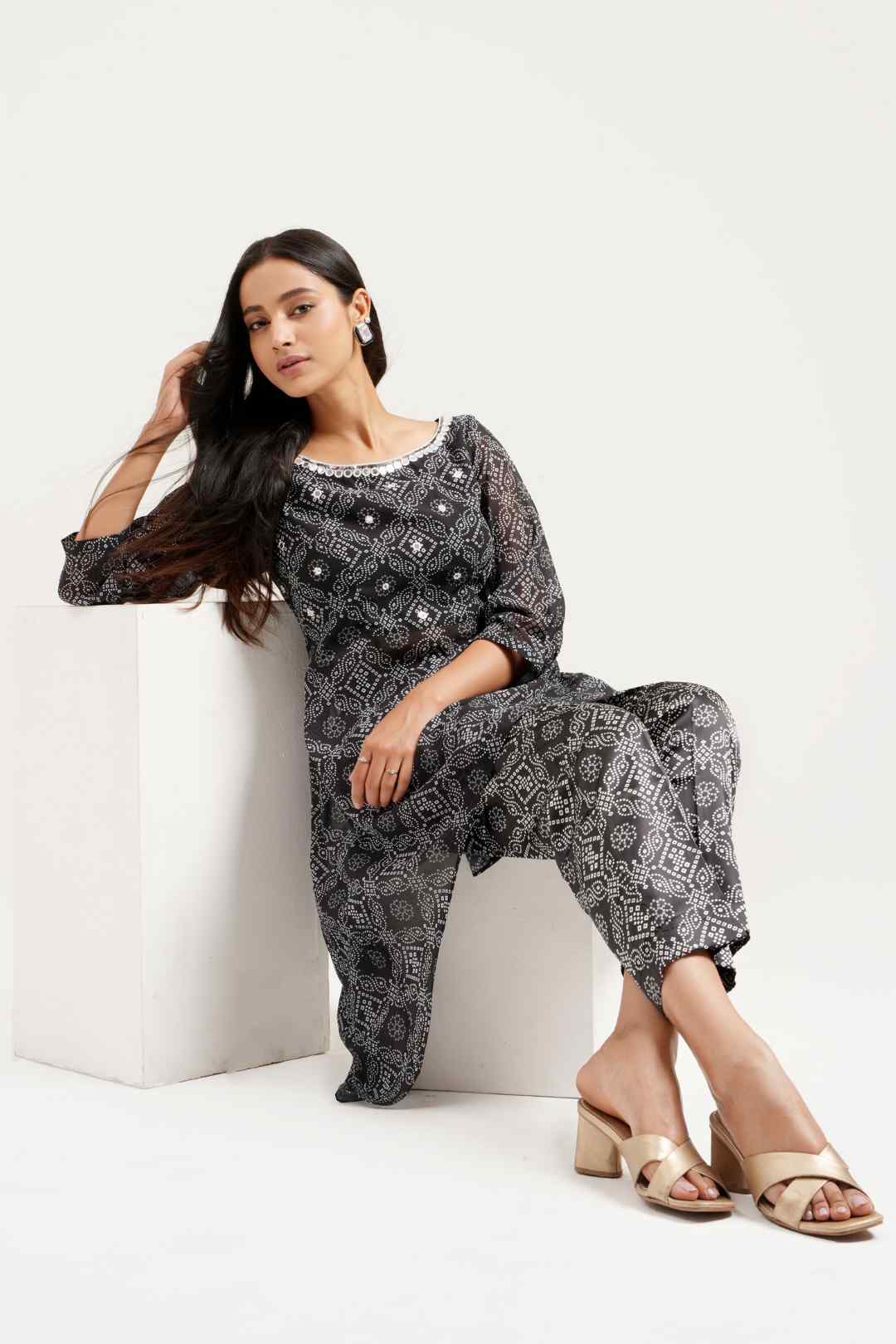 Black Bandhej Georgette Asymmetrical Co - ord Set - Ritivesh By Ritika Aggarwal