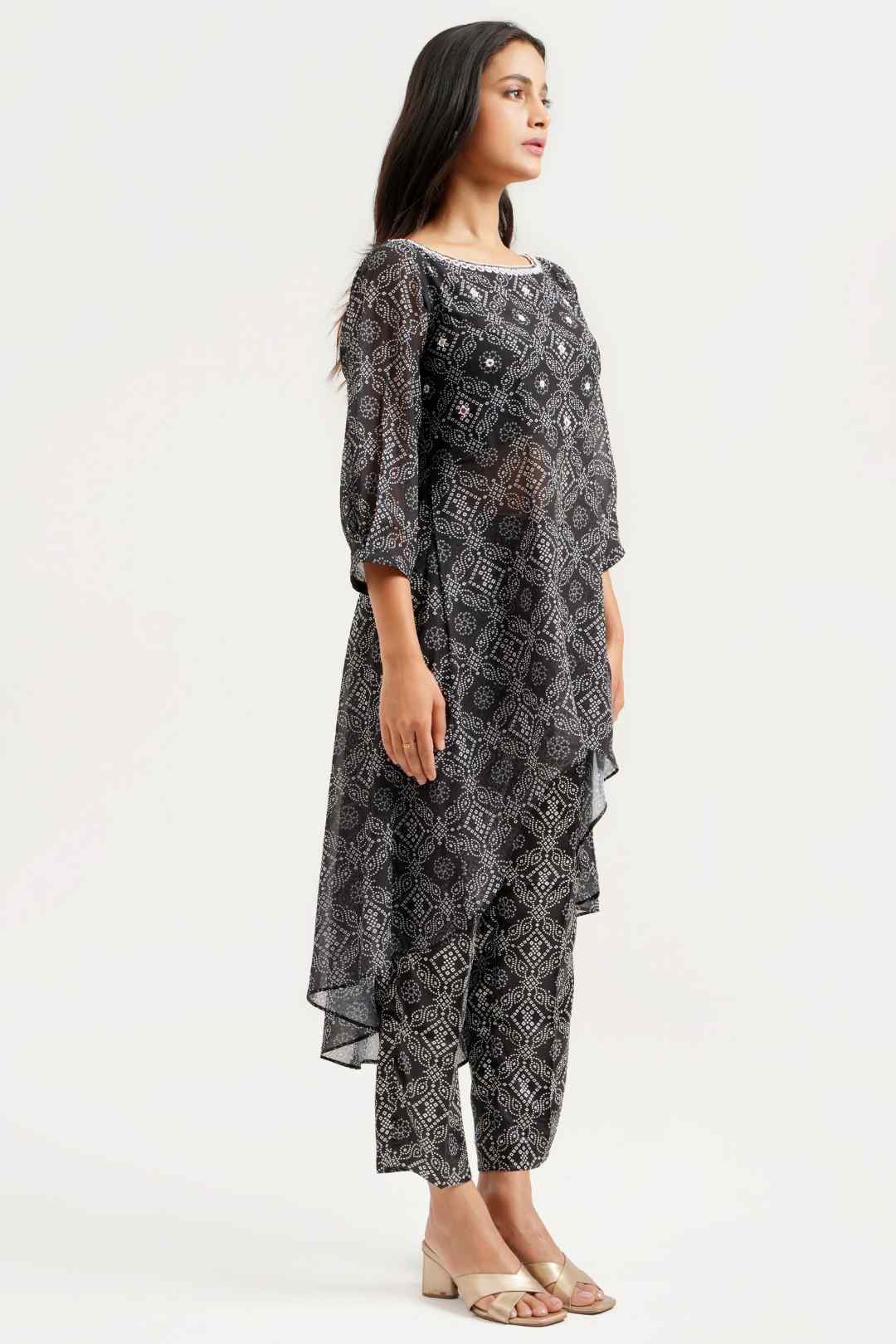 Black Bandhej Georgette Asymmetrical Co - ord Set - Ritivesh By Ritika Aggarwal