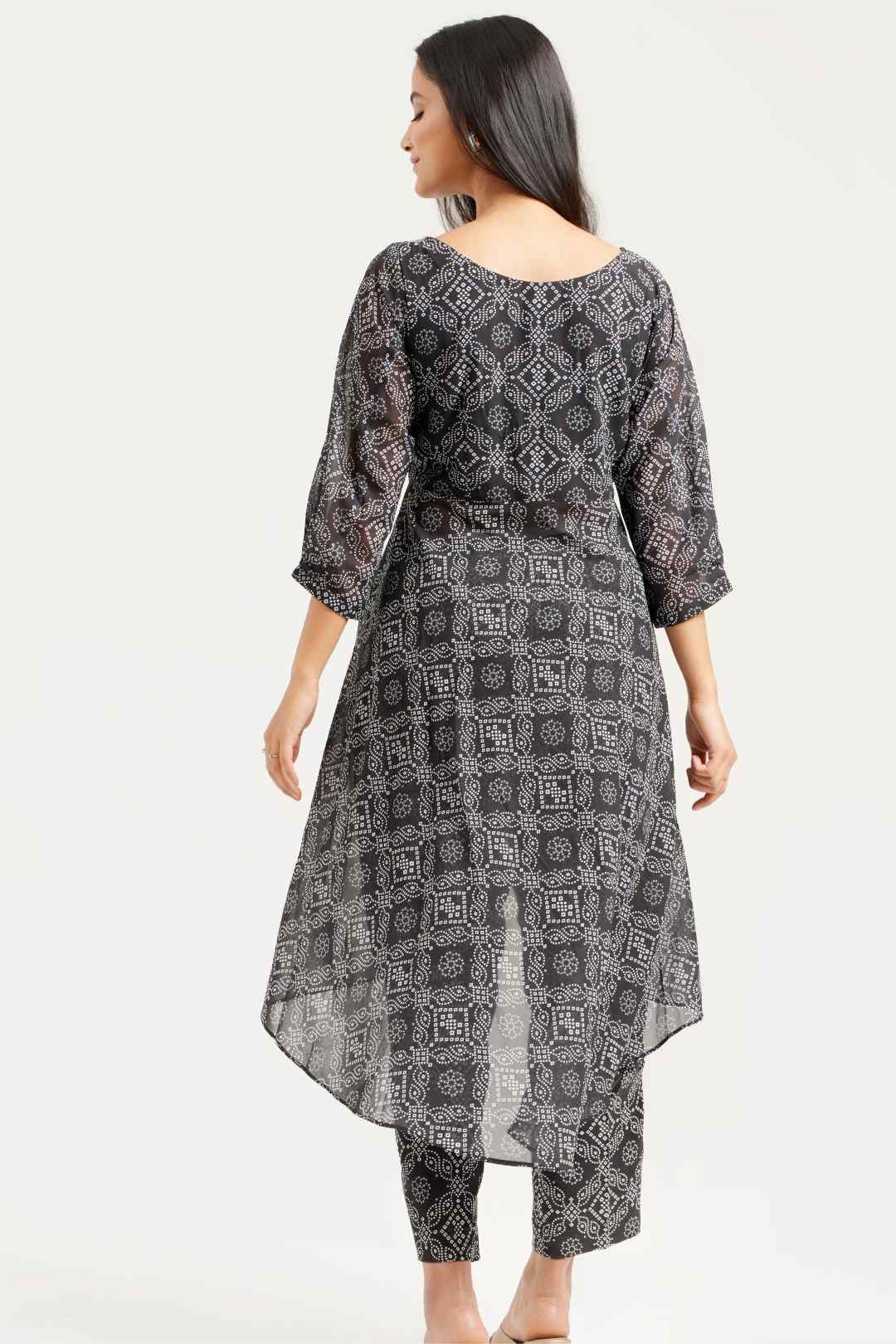 Black Bandhej Georgette Asymmetrical Co - ord Set - Ritivesh By Ritika Aggarwal