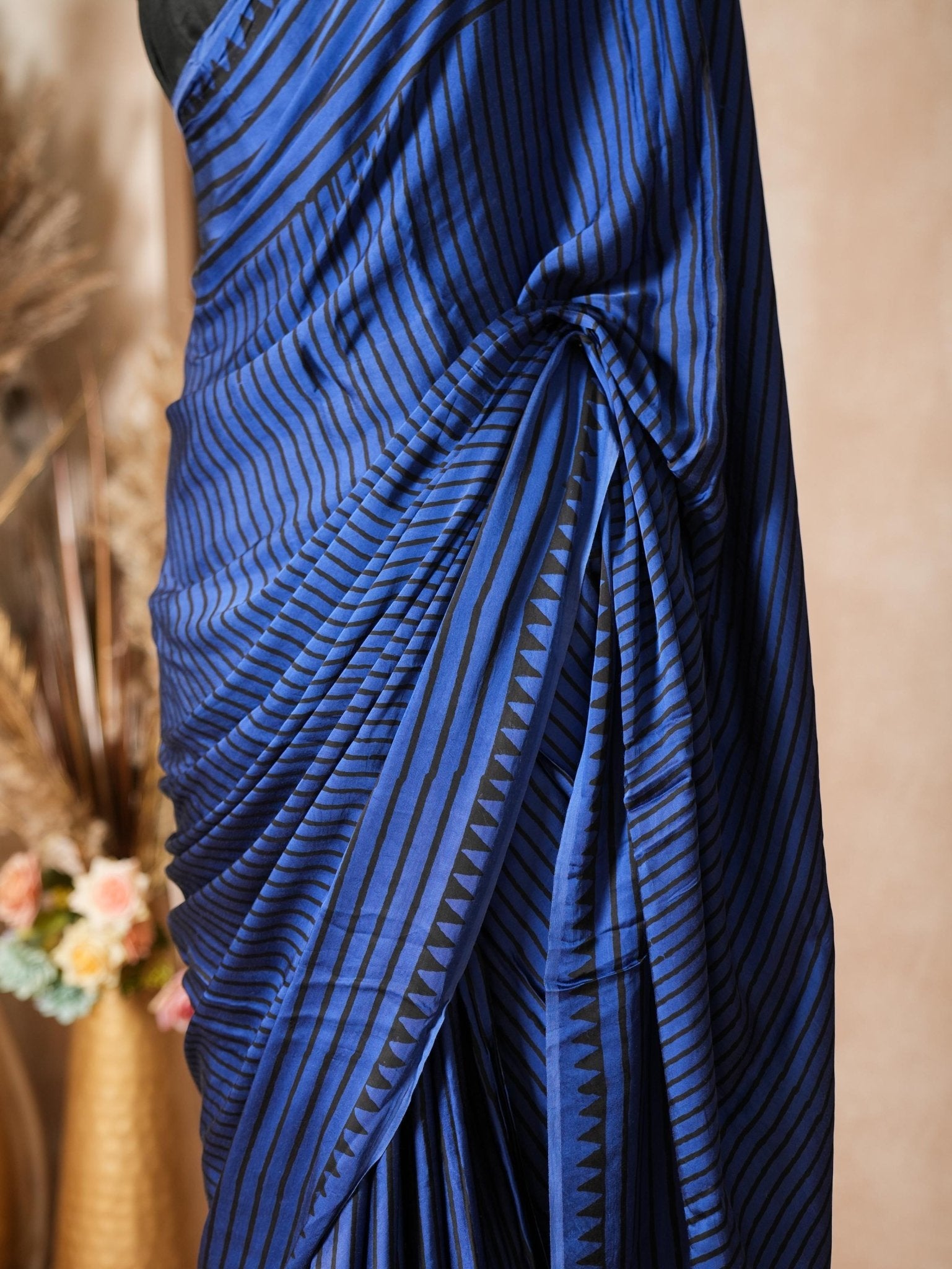 Blue & Black Striped Modal Silk Ajrakh Print Saree with Blouse Piece - Ritivesh By Ritika Aggarwal