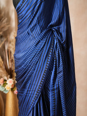 Blue & Black Striped Modal Silk Ajrakh Print Saree with Blouse Piece - Ritivesh By Ritika Aggarwal