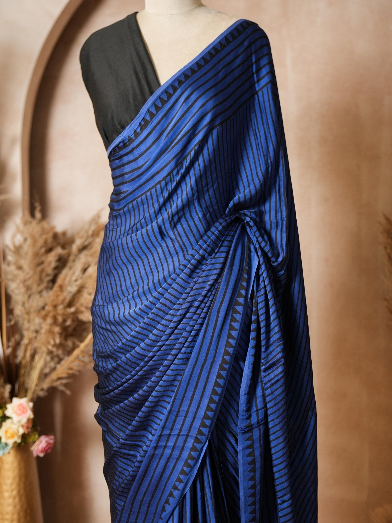 Blue & Black Striped Modal Silk Ajrakh Print Saree with Blouse Piece - Ritivesh By Ritika Aggarwal