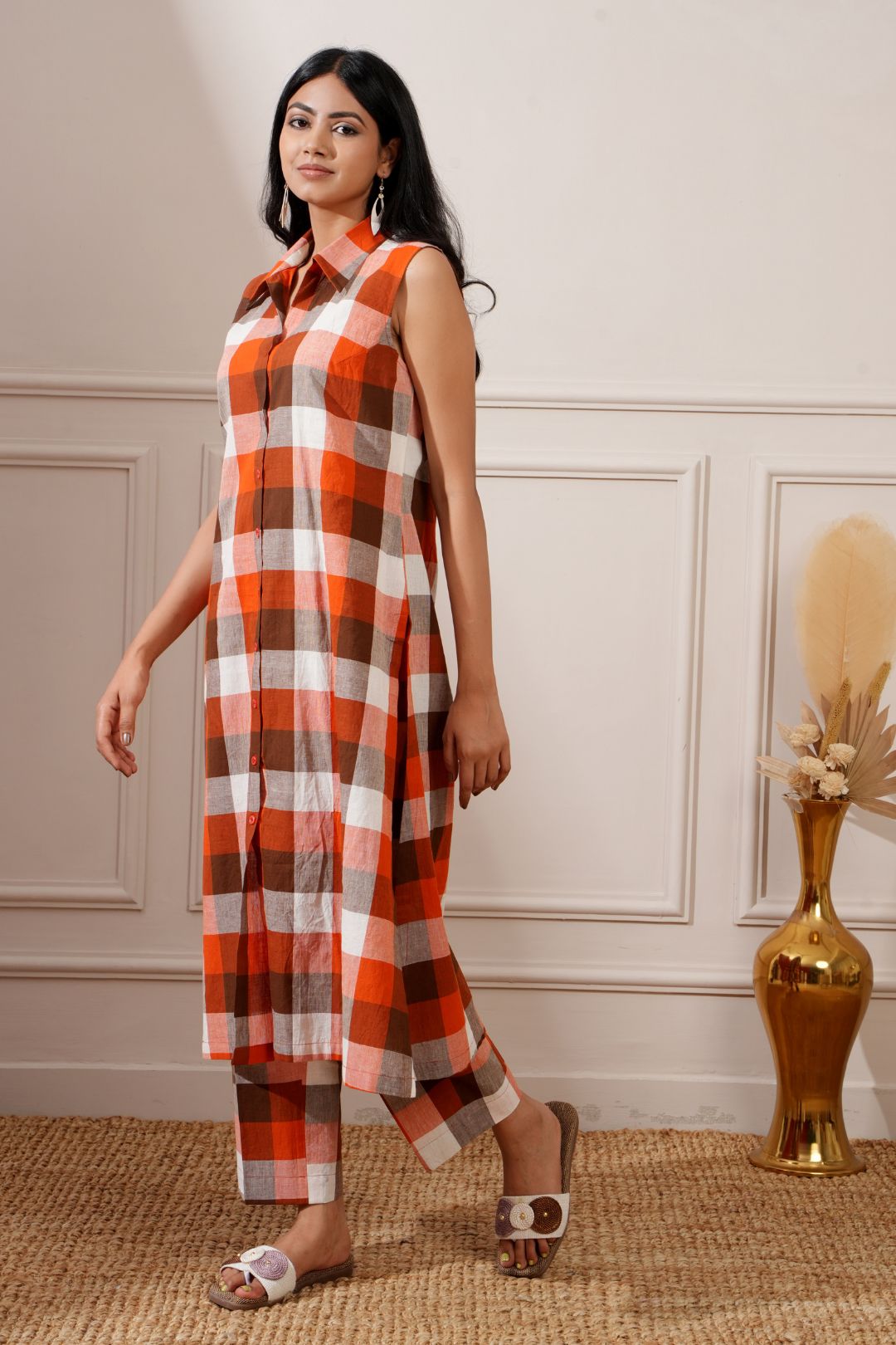Brown Check Cotton Straight Kurta & Pant - Ritivesh By Ritika Aggarwal