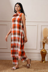 Brown Check Cotton Straight Kurta & Pant - Ritivesh By Ritika Aggarwal