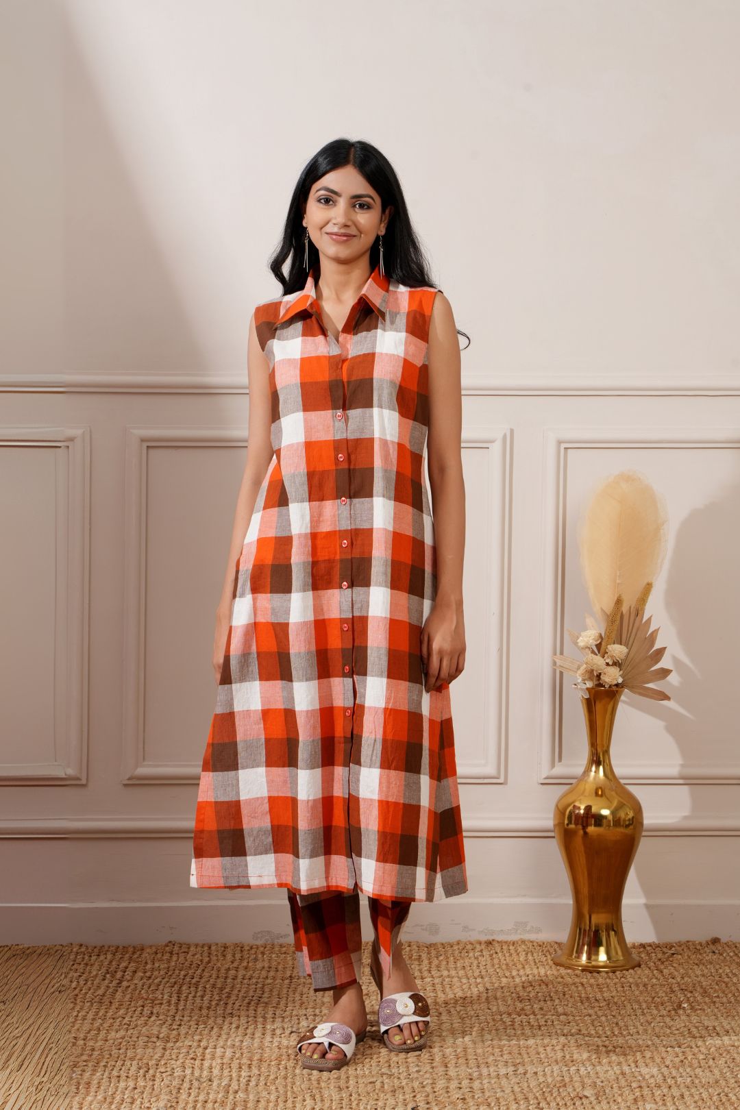 Brown Check Cotton Straight Kurta & Pant - Ritivesh By Ritika Aggarwal